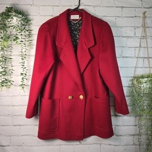 ASHLEY SCOTT VINTAGE WOOL DOUBLE BREASTED RED DRESS COAT GOLD BUTTONS LINED LG